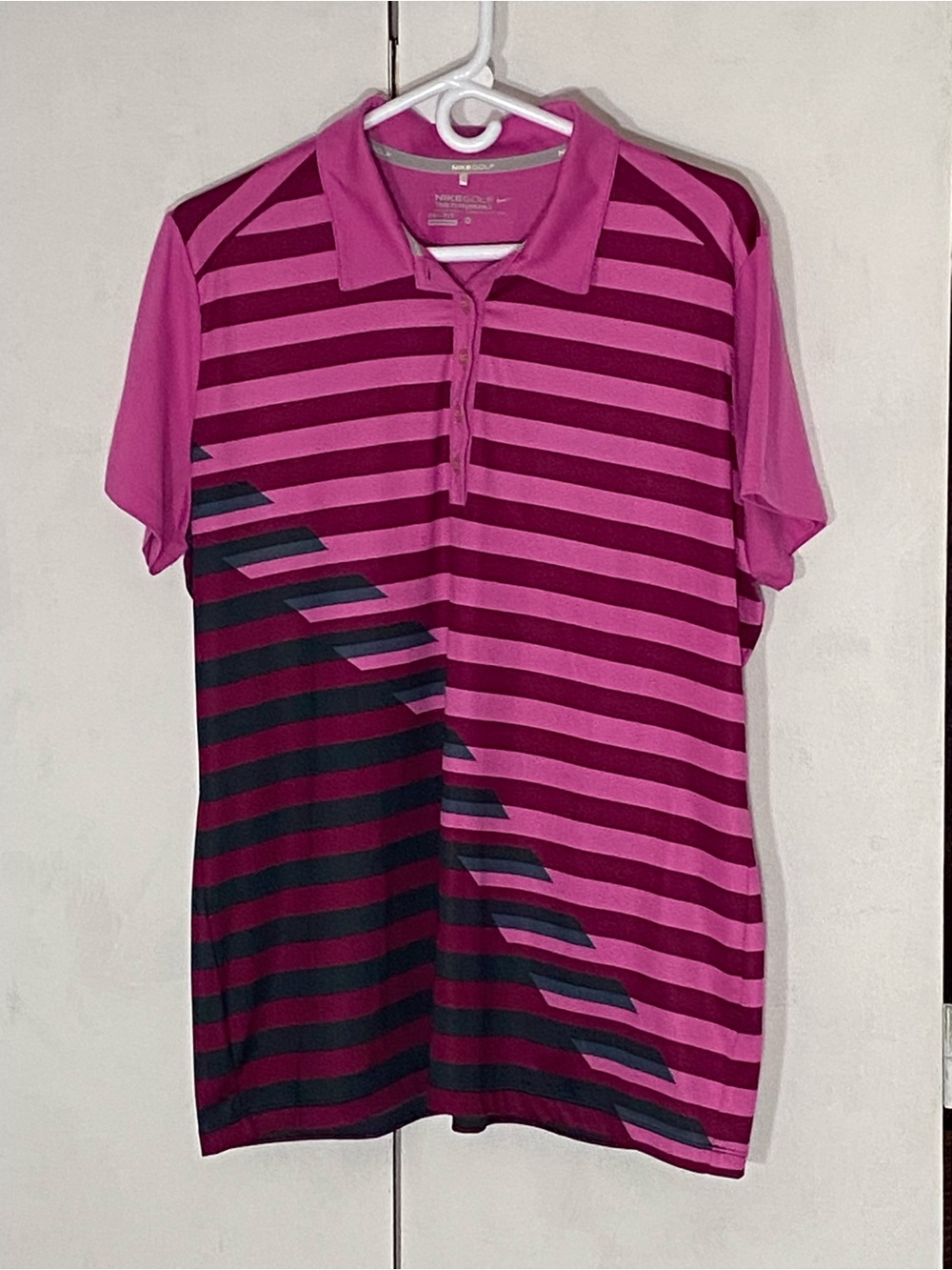 Nike Women’s Golf XL Dri Fit Pink Striped Polo Shirt with Dark Accent